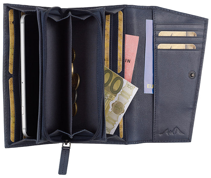 Die WATZMANN HOCHECK Echtleder Tischtasche (19 x 9 cm) in Marineblau bietet Fächer für Karten, Euroscheine, Münzen, ein Reißverschlussfach und Platz für Ihr Smartphone - alles organisiert in einem stilvollen Echtleder Portemonnaie.