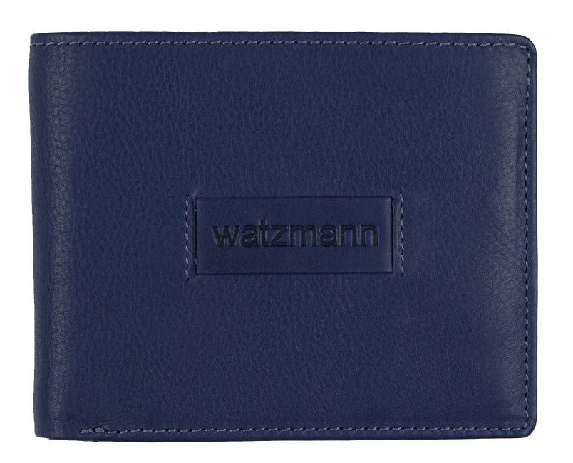 Die SÄNTIS Echtleder Scheintasche von WATZMANN ist eine navyblaue Lederbörse mit rechteckigem Markenaufnäher - ideal für Liebhaber hochwertiger Lederprodukte.