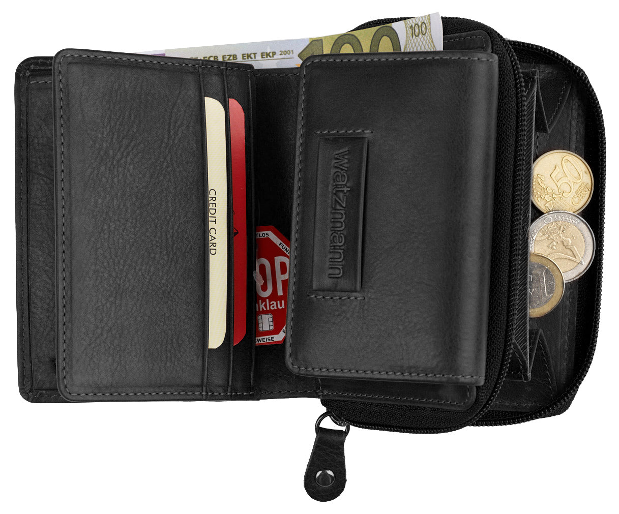 Aufgeklappte Geldbörse in Schwarz mit Kartenfächern, einem 100€ Schein und einem Münzfach