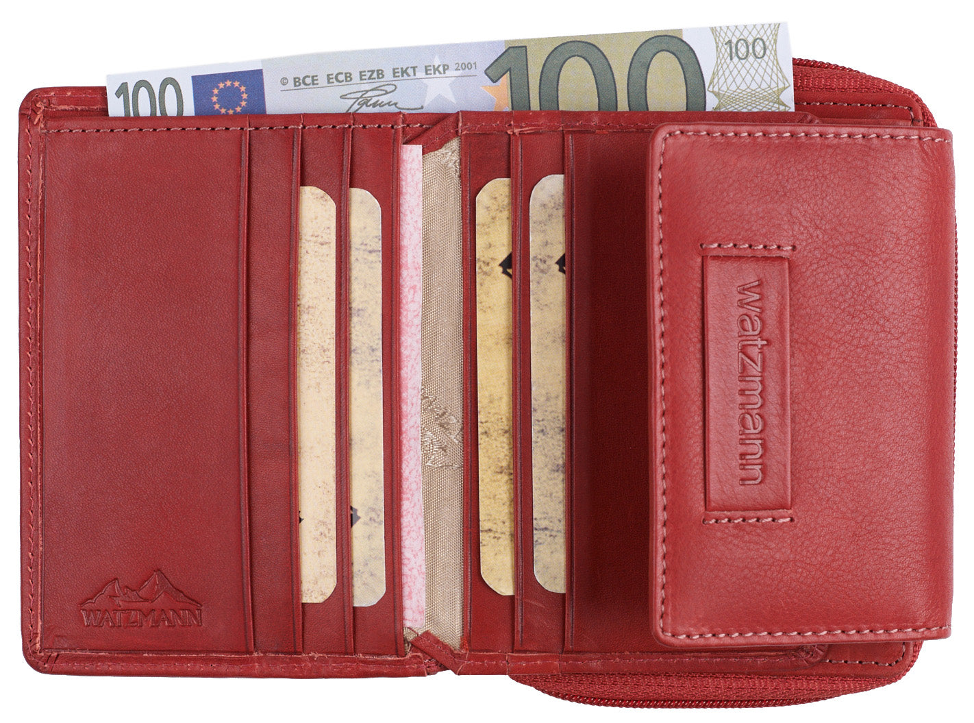 Aufgeklappte Geldbörse in Rot mit Kartenfächern, einem 100€ Schein und Watzmann-Logo