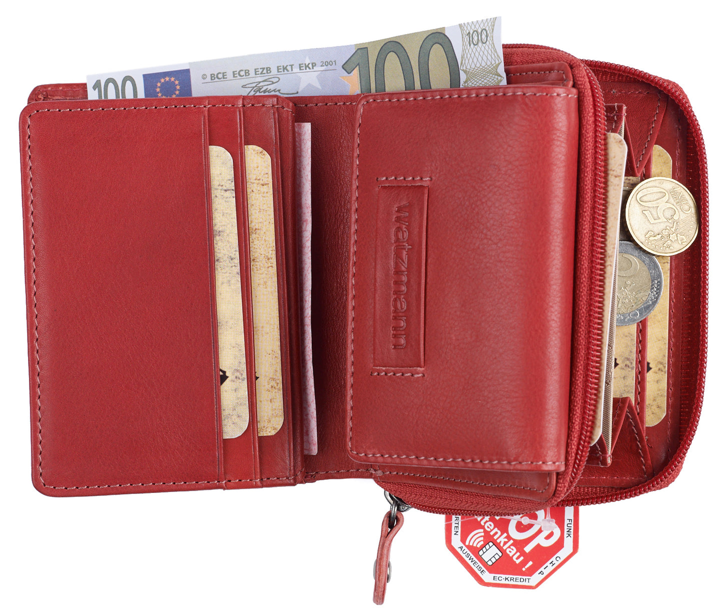Aufgeklappte Geldbörse in Rot mit Kartenfächern, einem 100€ Schein und einem Münzfach