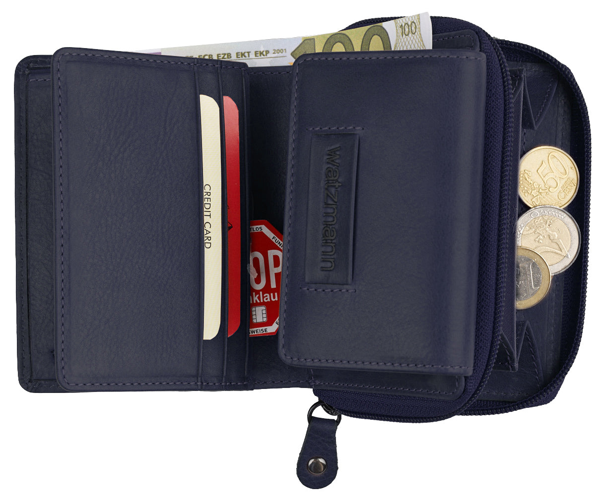 Aufgeklappte Geldbörse in Blau mit Kartenfächern, einem 100€ Schein und einem Münzfach