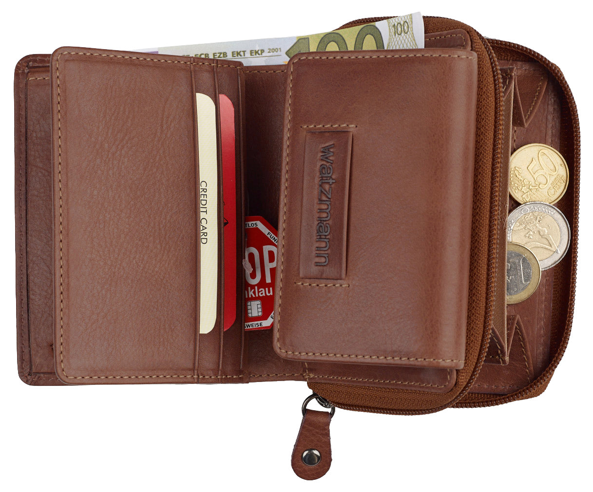 Aufgeklappte Geldbörse in Cognac mit Kartenfächern, einem 100€ Schein und einem Münzfach