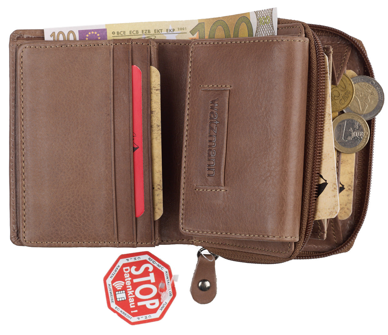Aufgeklappte Geldbörse in Taupe mit Kartenfächern, einem 100€ Schein und einem Münzfach