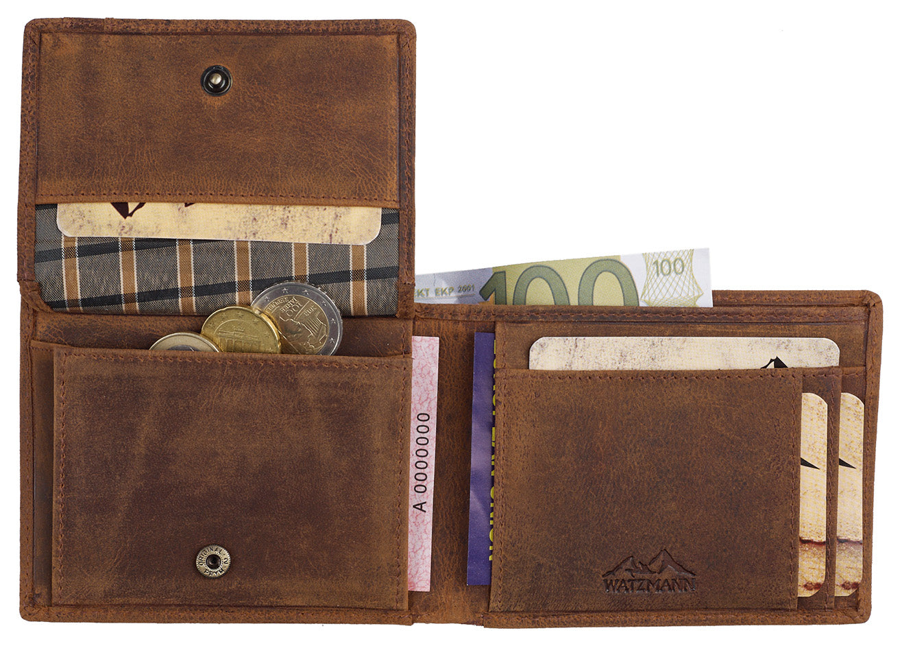 Aufgeklappte Geldbörse in Cognac mit geöffnetem Münzfach, Kartenfächern und einem 100€ Schein