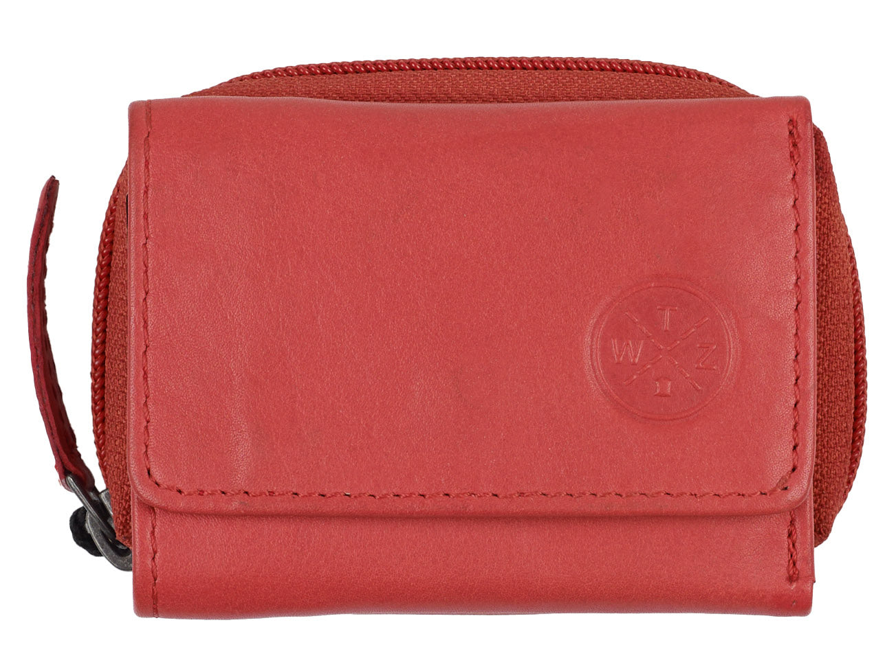 Eine kompakte, rote CRIDOLA Echtleder-Reißverschlussbörse von WATZMANN mit RFID-Schutz, Reißverschluss und Schnappverschluss, geprägtem kreisförmigen Logo auf der Vorderseite und minimalistischem Design.