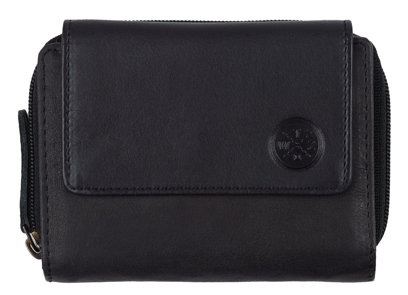Die WATZMANN CRIDOLA Echtleder-Reißverschlussbörse mit RFID Schutz ist eine kompakte, schwarze Geldbörse (13 x 10 x 2 cm) mit Frontklappe, kleiner Rundlogo-Prägung und sichtbaren Reißverschlüssen an den Seiten.