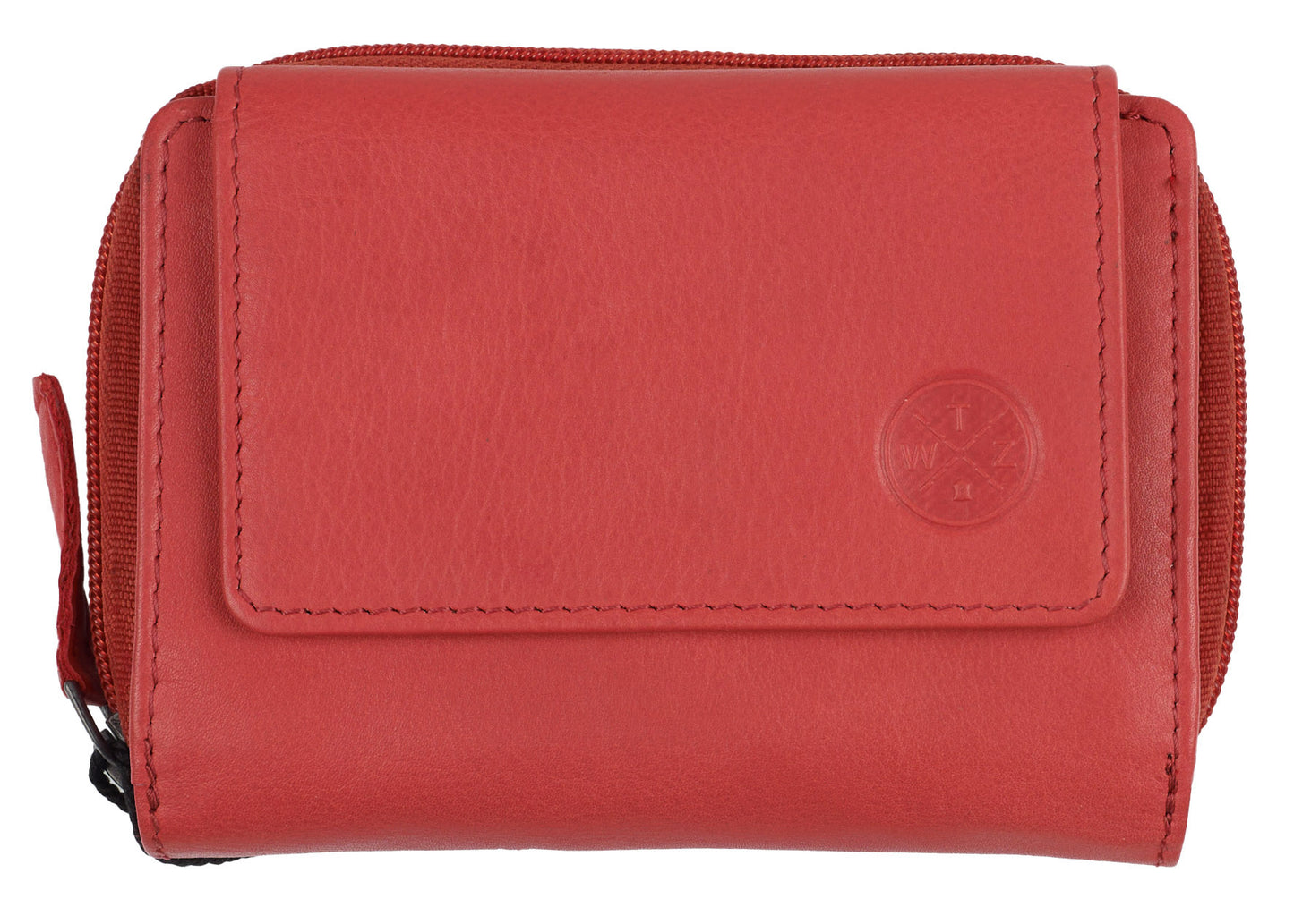 Die WATZMANN CRIDOLA Echtleder-Reißverschlussbörse mit RFID Schutz ist eine rote Geldbörse (13 x 10 x 2,5 cm) aus Leder mit umlaufendem Reißverschluss und kleinem geprägtem Logo auf der Vorderklappe.