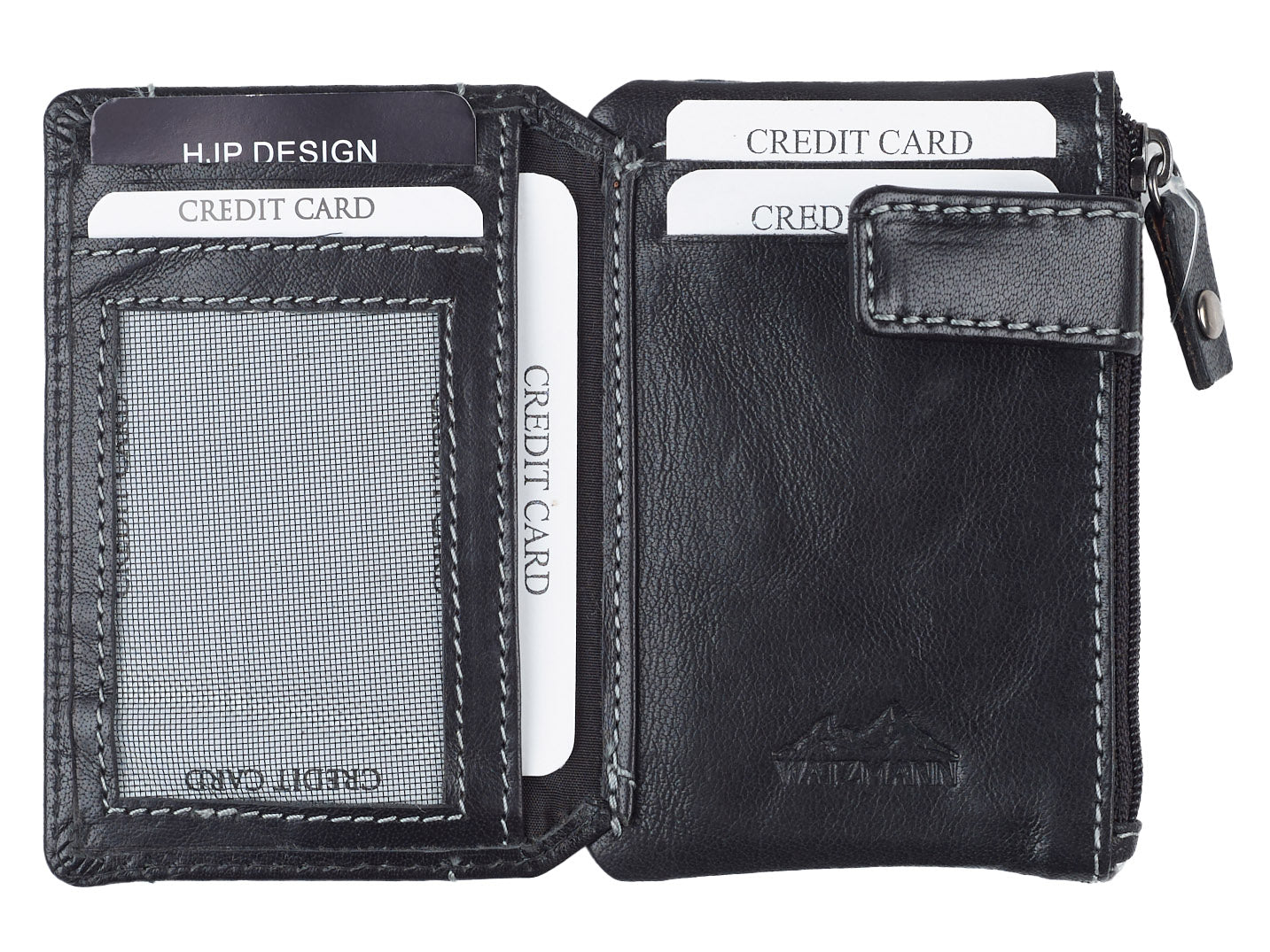 Aufgeklappte Geldbörse in Schwarz mit Watzmann-Logo