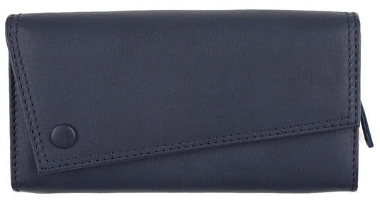 Die HOCHECK Echtleder Tischtasche von WATZMANN ist ein schwarzes Glattlederportemonnaie mit Überschlagverschluss, Ziernähten und einem runden Knopf unten links. Größe: 19 x 9 x 5 cm - ein Beispiel für hochwertige Lederprodukte in Handarbeit.