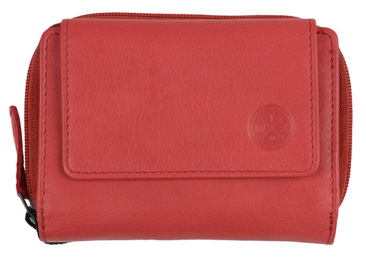 Die WATZMANN CRIDOLA Echtleder-Reißverschlussbörse mit RFID Schutz ist eine rote Geldbörse (13 x 10 x 2,5 cm) aus Leder mit umlaufendem Reißverschluss und kleinem geprägtem Logo auf der Vorderklappe.